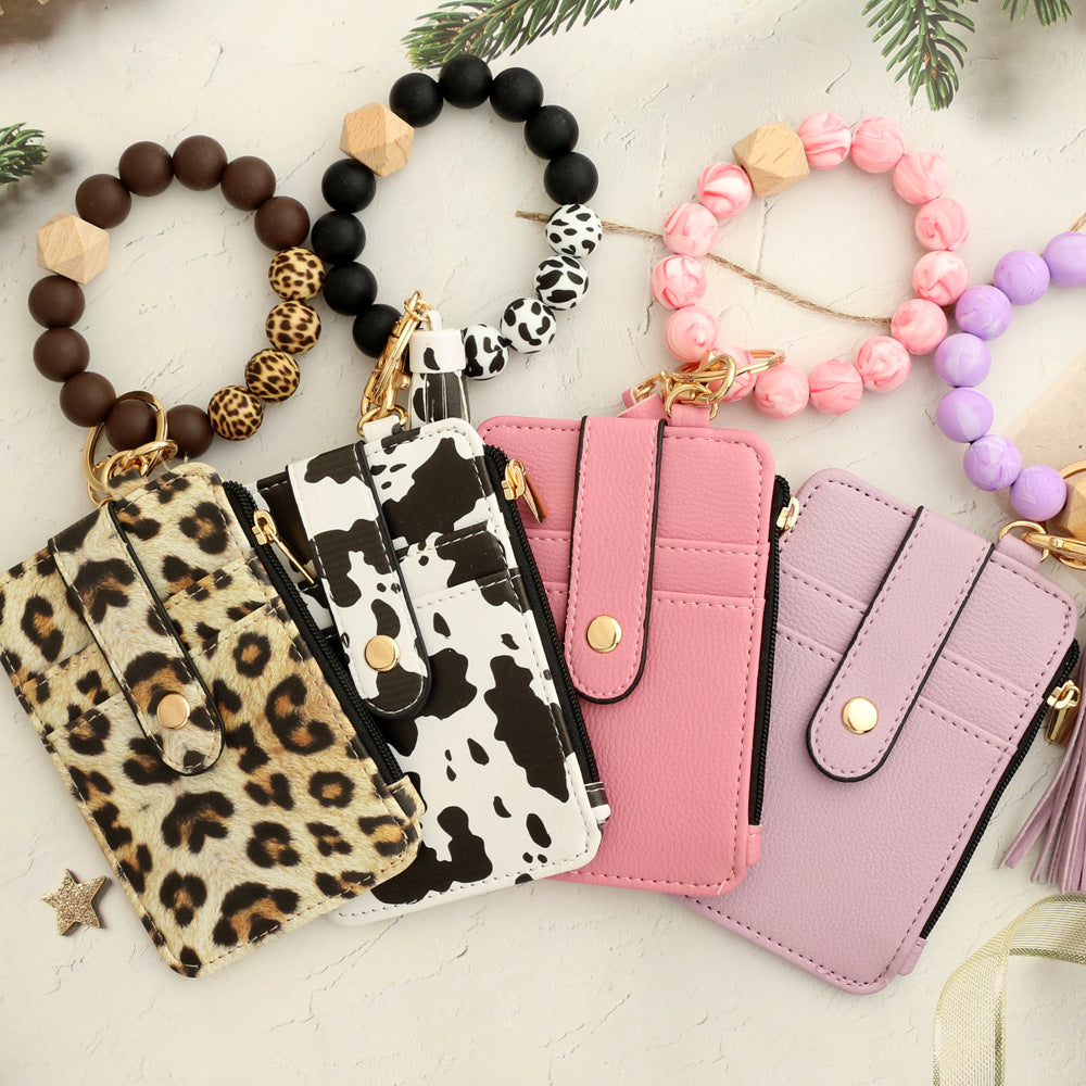 Leopard Print Card Holder Wallet with Keychain
