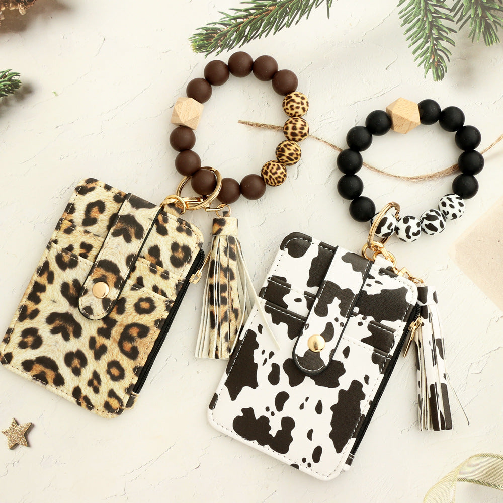 Leopard Print Card Holder Wallet with Keychain